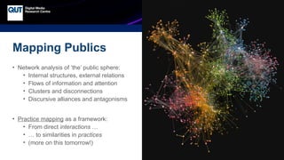 CRICOS No.00213J
Mapping Publics
• Network analysis of ‘the’ public sphere:
• Internal structures, external relations
• Flows of information and attention
• Clusters and disconnections
• Discursive alliances and antagonisms
• Practice mapping as a framework:
• From direct interactions …
• … to similarities in practices
• (more on this tomorrow!)
 