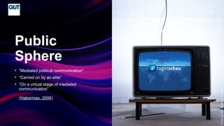 CRICOS No.00213J
• “Mediated political communication”
• “Carried on by an elite”
• “On a virtual stage of mediated
communication”
(Habermas, 2006)
Public
Sphere
Photo
by
Mike
Philipp
on
Unsplash
 