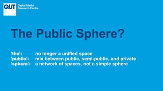 CRICOS No.00213J
‘the’: no longer a unified space
The Public Sphere?
‘the’: no longer a unified space
‘public’: mix between public, semi-public, and private
‘sphere’: a network of spaces, not a simple sphere
‘the’: no longer a unified space
‘public’: mix between public, semi-public, and private
‘the’: no longer a unified space
‘public’: mix between public, semi-public, and private
‘sphere’: a network of spaces, not a simple sphere
 