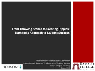 From Throwing Stones to Creating Ripples:
Ramapo’s Approach to Student Success
Tracey Bender, Student Success Coordinator
Joseph Connell, Assistant Vice President of Student Success
Ramapo College of New Jersey
October 2016
 