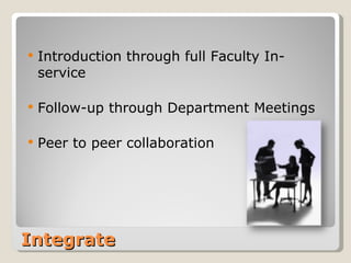 Integrate Introduction through full Faculty In-service Follow-up through Department Meetings Peer to peer collaboration 