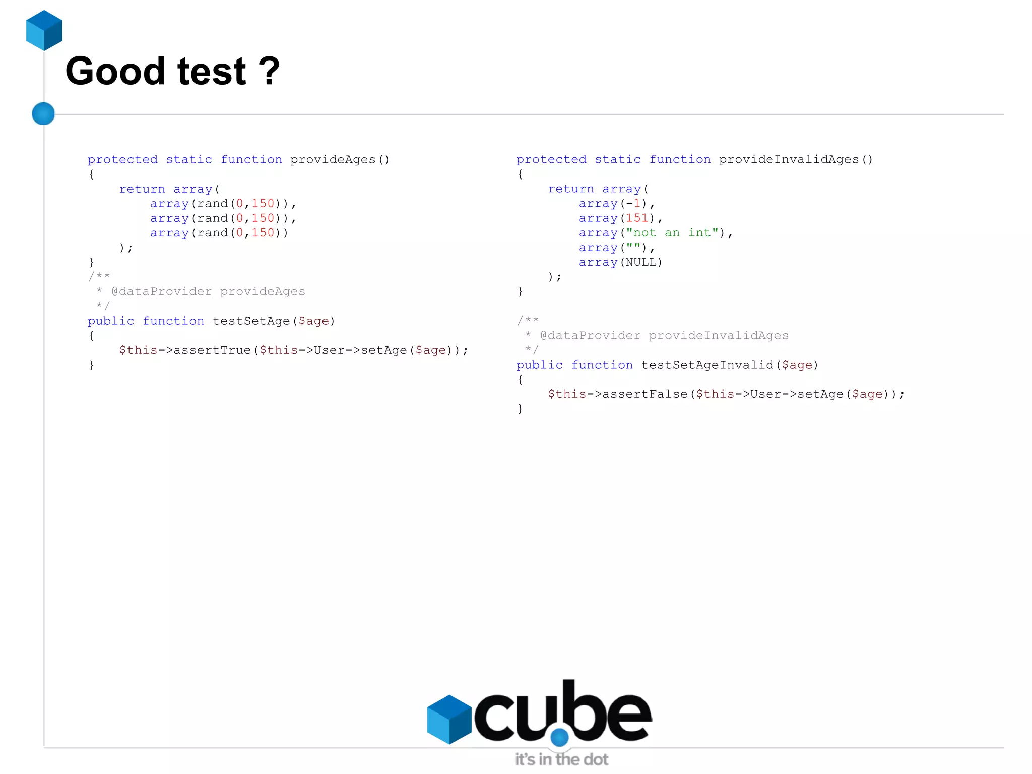 What's unit testing ? <Wikipedia> Unit testing is a software design and development method where the programmer gains confidence that individual units of source code are fit for use. </Wikipedia> 