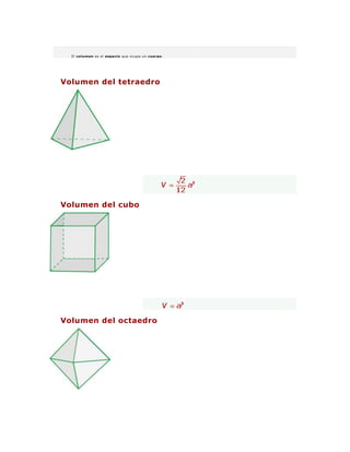 El volumen es el espacio que ocupa un cuerpo.
Volumen del tetraedro
Volumen del cubo
Volumen del octaedro
 