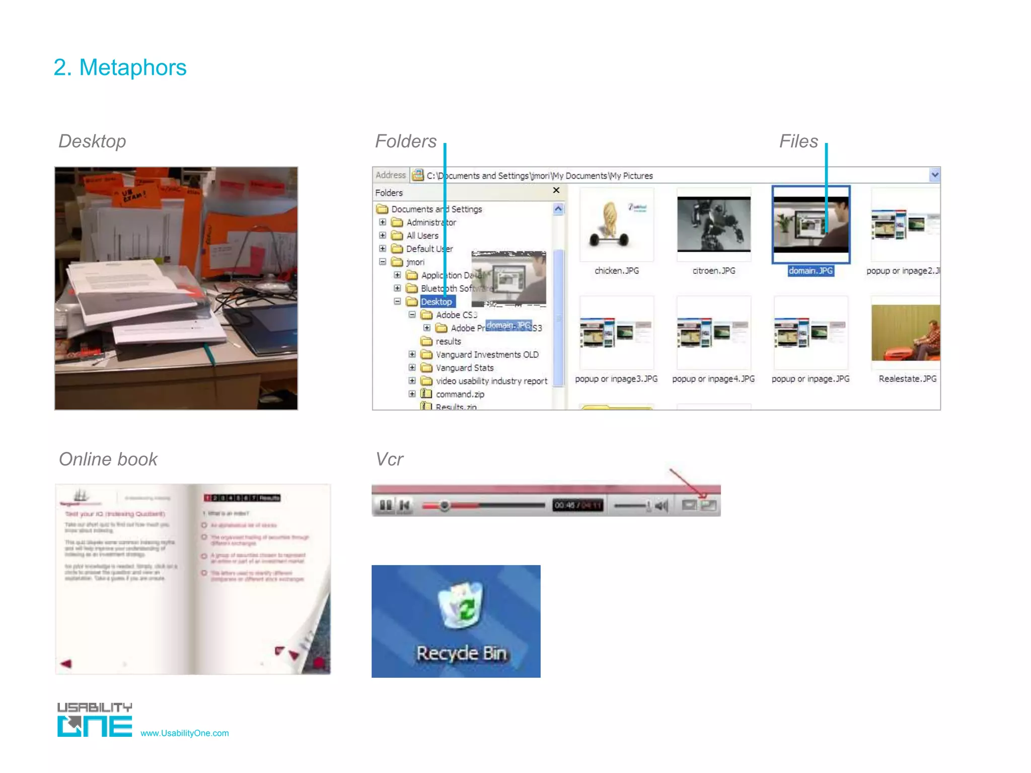 www.UsabilityOne.com
2. Metaphors
Desktop Folders Files
Online book Vcr
 