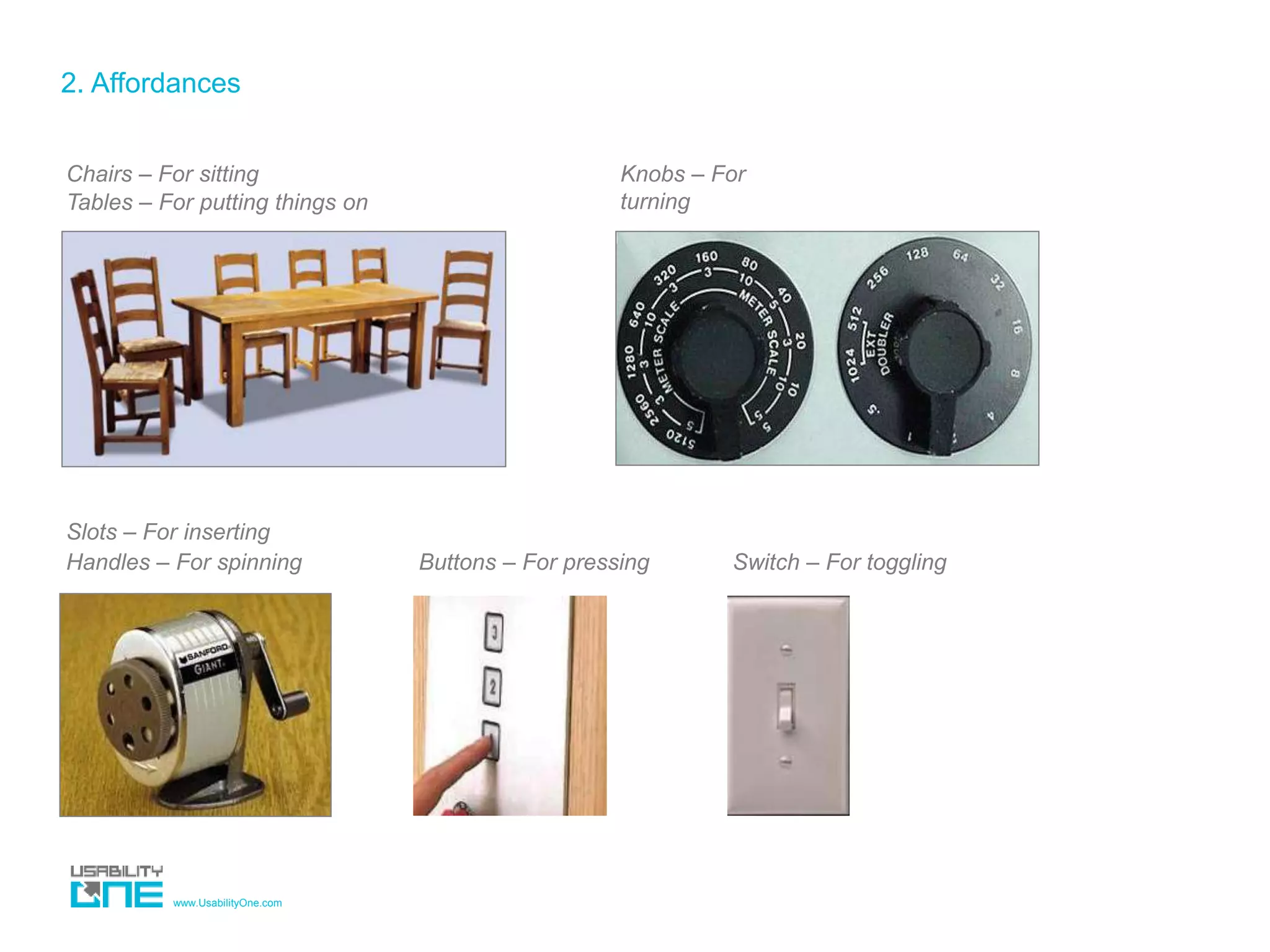 www.UsabilityOne.com
2. Affordances
Chairs – For sitting Knobs – For
turningTables – For putting things on
Slots – For inserting
Handles – For spinning Buttons – For pressing Switch – For toggling
 