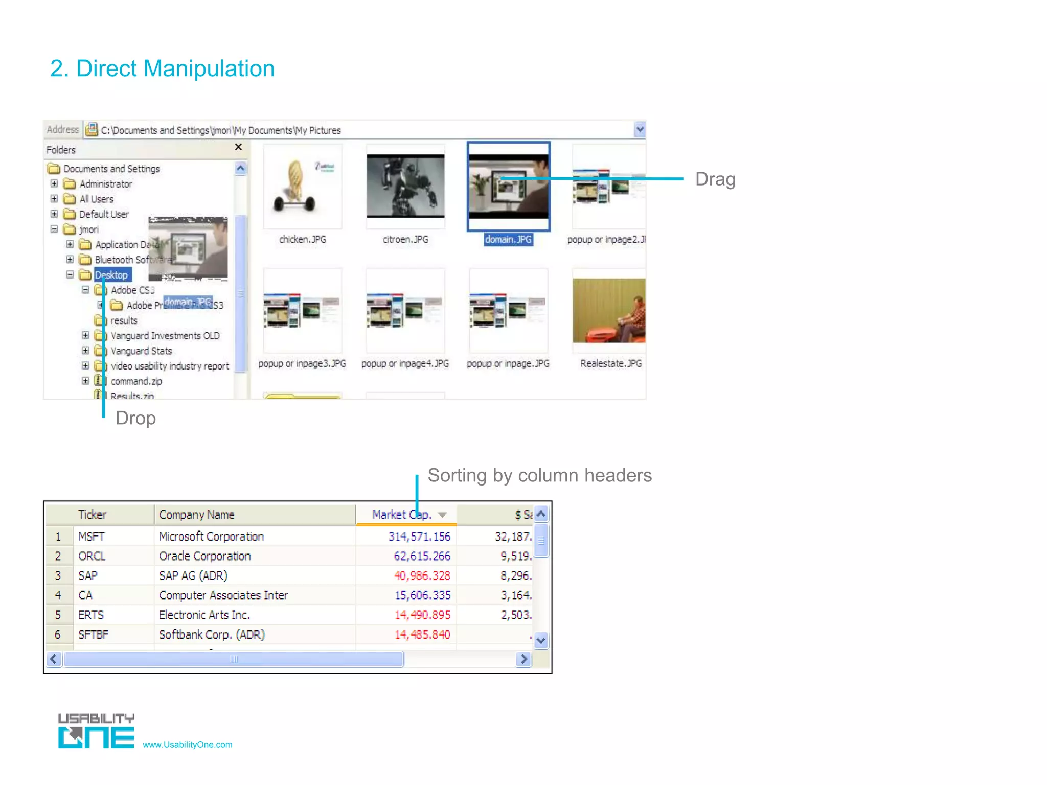 www.UsabilityOne.com
2. Direct Manipulation
Drop
Drag
Sorting by column headers
 