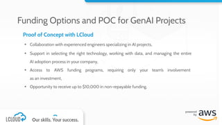 Funding Options and POC for GenAI Projects
Proof of Concept with LCloud
▪ Collaboration with experienced engineers specializing in AI projects,
▪ Support in selecting the right technology, working with data, and managing the entire
AI adoption process in your company,
▪ Access to AWS funding programs, requiring only your team’s involvement
as an investment,
▪ Opportunity to receive up to $10,000 in non-repayable funding.
 