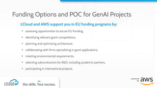 LCloud and AWS support you in EU funding programs by:
▪ assessing opportunities to secure EU funding,
▪ identifying relevant grant competitions,
▪ planning and optimizing architecture,
▪ collaborating with firms specializing in grant applications,
▪ meeting environmental requirements,
▪ selecting subcontractors for R&D, including academic partners,
▪ participating in international projects.
Funding Options and POC for GenAI Projects
 