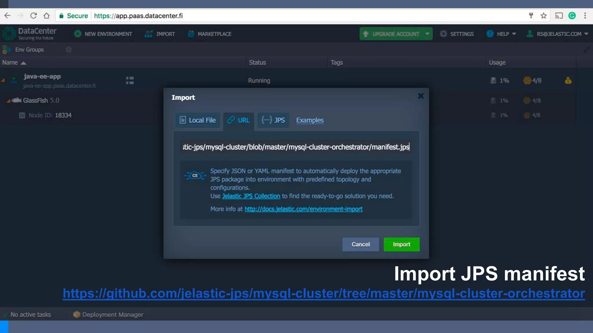 Import JPS manifest
https://github.com/jelastic-jps/mysql-cluster/tree/master/mysql-cluster-orchestrator
 