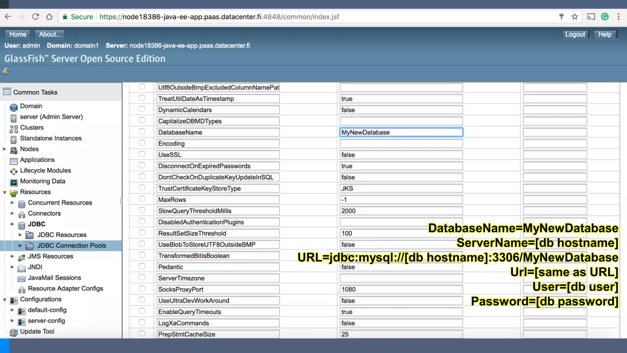 DatabaseName=MyNewDatabase
ServerName=[db hostname]
URL=jdbc:mysql://[db hostname]:3306/MyNewDatabase
Url=[same as URL]
User=[db user]
Password=[db password]
 