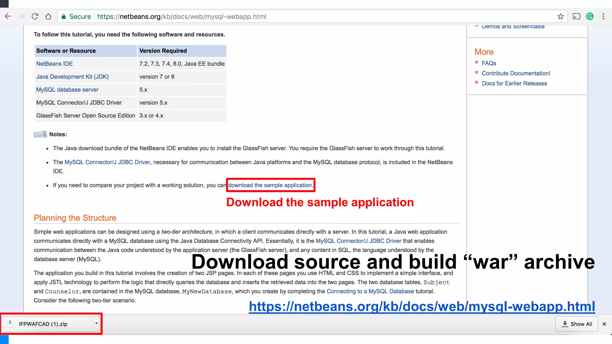 Download the sample application
Download source and build “war” archive
https://netbeans.org/kb/docs/web/mysql-webapp.html
 