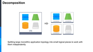 Decomposition
Splitting large monolithic application topology into small logical pieces to work with
them independently
 