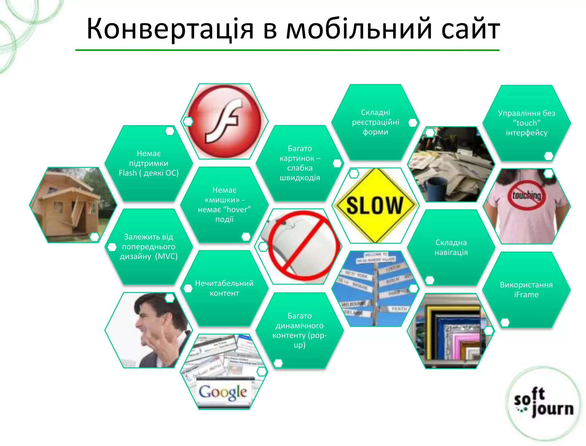 Конвертація в мобільний сайт

                                                         Складні                  Управління без
                                                       реєстраційні                   “touch”
                                                         форми                      інтерфейсу
                                         Багато
       Немає
                                       картинок –
     підтримки
                                         слабка
  Flash ( деякі ОС)
                                       швидкодія
                         Немає
                       «мишки» -
                      немає “hover”
                          події
   Залежить від
  попереднього                                                        Складна
  дизайну (MVC)                                                       навігація


                      Нечитабельний                                               Використання
                         контент                                                     iFrame

                                         Багато
                                       динамічного
                                      контенту (pop-
                                           up)
 