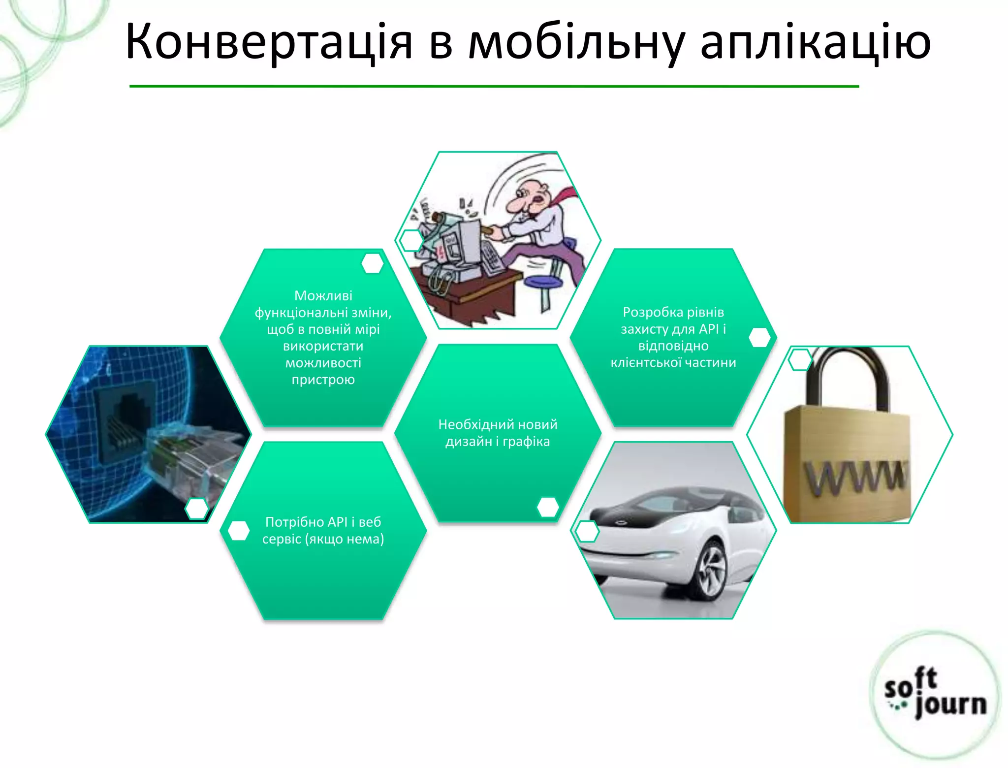 Конвертація в мобільну аплікацію



          Можливі
     функціональні зміни,                         Розробка рівнів
      щоб в повній мірі                          захисту для АРІ і
        використати                                 відповідно
         можливості                             клієнтської частини
          пристрою

                            Необхідний новий
                             дизайн і графіка




      Потрібно АРІ і веб
      сервіс (якщо нема)
 