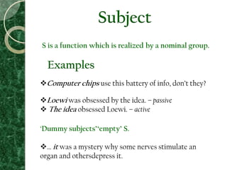 Subject
S is a function which is realized by a nominal group.
Computer chips use this battery of info, don’t they?
Loewi was obsessed by the idea. – passive
 The idea obsessed Loewi. – active
‘Dummy subjects’‘empty’ S.
… it was a mystery why some nerves stimulate an
organ and othersdepress it.
Examples
 
