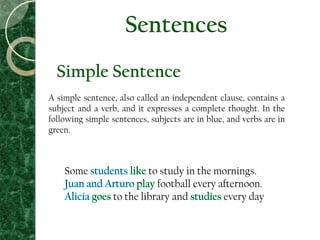 Sentences
Simple Sentence
A simple sentence, also called an independent clause, contains a
subject and a verb, and it expresses a complete thought. In the
following simple sentences, subjects are in blue, and verbs are in
green.
Some to study in the mornings.
football every afternoon.
to the library and every day
 