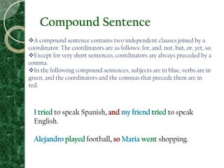 Compound Sentence
A compound sentence contains two independent clauses joined by a
coordinator. The coordinators are as follows: for, and, nor, but, or, yet, so.
Except for very short sentences, coordinators are always preceded by a
comma.
In the following compound sentences, subjects are in blue, verbs are in
green, and the coordinators and the commas that precede them are in
red.
to speak Spanish to speak
English.
football shopping.
 