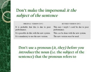 Don’t make the impersonal it the
subject of the sentence
Don’t use a pronoun (it, they) before you
introduce the noun (i.e. the subject of the
sentence) that the pronoun refers to
 
