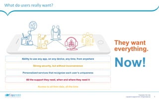 2Copyright © Capgemini 2015. All Rights Reserved
Presentation Title | Date
What do users really want?
Ability to use any app, on any device, any time, from anywhere
Strong security, but without inconvenience
Personalized services that recognize each user’s uniqueness
All the support they need, when and where they need it
Access to all their data, all the time
Now!
They want
everything.
 