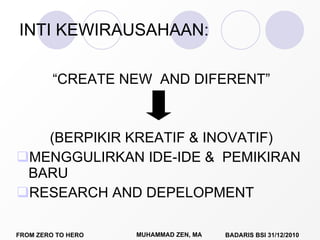 INTI KEWIRAUSAHAAN: “ CREATE NEW  AND DIFERENT” (BERPIKIR KREATIF & INOVATIF) MENGGULIRKAN IDE-IDE &  PEMIKIRAN BARU RESEARCH AND DEPELOPMENT  