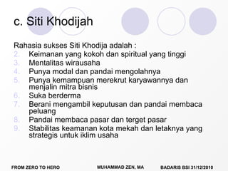 c. Siti Khodijah Rahasia sukses Siti Khodija adalah : Keimanan yang kokoh dan spiritual yang tinggi Mentalitas wirausaha Punya modal dan pandai mengolahnya Punya kemampuan merekrut karyawannya dan menjalin mitra bisnis Suka berderma Berani mengambil keputusan dan pandai membaca peluang Pandai membaca pasar dan terget pasar Stabilitas keamanan kota mekah dan letaknya yang strategis untuk iklim usaha 