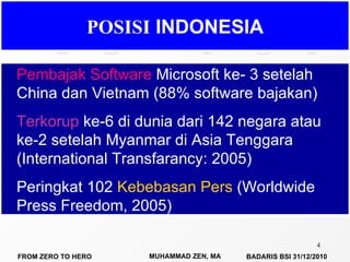 POSISI  INDONESIA Pembajak Software  Microsoft ke- 3 setelah China dan Vietnam (88% software bajakan) Terkorup  ke- 6   di dunia  dari 1 4 2 negara  atau ke-2 setelah Myanmar di Asia Tenggara  (International Transfarancy :  200 5 ) Peringkat 102  Kebebasan Pers  (Worldwide Press Freedom, 2005) 