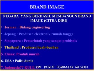 BRAND IMAGE NEGARA  YANG BERHASIL MEMBANGUN BRAND IMAGE (CITRA DIRI) Jerman : Bidang engineering Jepang : Produsen elektronik rumah tangga Singapura : Pemerintah yang sangat probisnis Thailand : Produsen buah-buahan 5. China: Produk murah 6. USA : Polisi dunia 7. Indonesia??  KULI,  // TKW KORUP PEMBAJAK MISKIN 