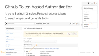 Github Token based Authentication
1. go to Settings, 2. select Personal access tokens
3. select scopes and generate token
33
1
3
2
 