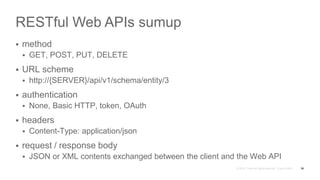 RESTful Web APIs sumup
 method
 GET, POST, PUT, DELETE
 URL scheme
 http://{SERVER}/api/v1/schema/entity/3
 authentication
 None, Basic HTTP, token, OAuth
 headers
 Content-Type: application/json
 request / response body
 JSON or XML contents exchanged between the client and the Web API
38
 