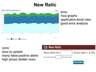 New Relic
pros:
nice graphs
application-level view
good error analysis
cons:
slow to update
many false-positive alerts
high prices (better now)
 