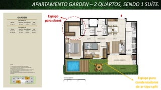 APARTAMENTO GARDEN – 2 QUARTOS, SENDO 1 SUÍTE.
Espaço
para closet

Espaço para
condensadoras
de ar tipo split

 