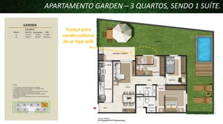 APARTAMENTO GARDEN – 3 QUARTOS, SENDO 1 SUÍTE.
Espaço para
condensadoras
de ar tipo split

 