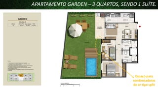 APARTAMENTO GARDEN – 3 QUARTOS, SENDO 1 SUÍTE.

Espaço para
condensadoras
de ar tipo split

 