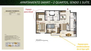 APARTAMENTO SMART – 2 QUARTOS, SENDO 1 SUÍTE.
Espaço
para closet

Espaço para
condensadoras
de ar tipo split

 