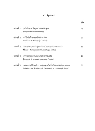  “√∫—≠µ“√“ß

                                                                                Àπâ“

µ“√“ß∑’Ë 1. √–¥—∫§”·π–π”Õ‘ß§ÿ≥¿“æ¢ÕßÀ≈—°∞“π                                     27
            (Strength of Recommendation)

µ“√“ß∑’Ë 2. °“√«‘π®©—¬‚√§À≈Õ¥‡≈◊Õ¥ ¡Õß·µ°
                  ‘                                                             27
            (Diagnosis of Hemorrhagic Stroke)

µ“√“ß∑’Ë 3. °“√∫”∫—¥√—°…“∑“ßÕ“¬ÿ√°√√¡¢Õß‚√§À≈Õ¥‡≈◊Õ¥ ¡Õß·µ°                     28
            (Medical Management of Hemorrhagic Stroke)

µ“√“ß∑’Ë 4. °“√√—°…“¿“«–§«“¡¥—π„π°–‚À≈°»’√…– Ÿß                                 29
            (Treatment of Increased Intracranial Pressure)

µ“√“ß∑’Ë 5. ·π«∑“ß°“√ª√÷°…“ª√– “∑»—≈¬·æ∑¬å„π‡√◊Õß‚√§À≈Õ¥‡≈◊Õ¥ ¡Õß·µ°
                                                     Ë                          30
            (Guidelines for Neurosurgical Consultation in Hemorrhagic Stroke)
 