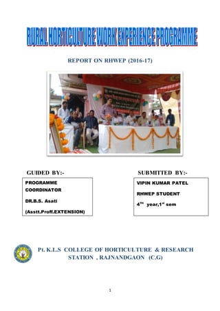 1
REPORT ON RHWEP (2016-17)
GUIDED BY:- SUBMITTED BY:-
BBBBBY:-BYBY:-
Pt. K.L.S COLLEGE OF HORTICULTURE & RESEARCH
STATION , RAJNANDGAON (C.G)
VIPIN KUMAR PATEL
RHWEP STUDENT
4TH
year,1st
sem
PROGRAMME
COORDINATOR
DR.B.S. Asati
(Asstt.Proff.EXTENSION)
 