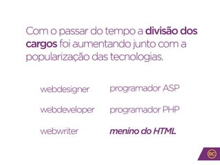 webdesigner
webdeveloper
webwriter
programadorASP
programadorPHP
meninodoHTML
Comopassardotempoadivisãodos
cargosfoiaumentandojuntocoma
popularizaçãodastecnologias.
 