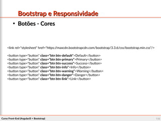 Curso Front-End (AngularJS + Bootstrap)Curso Front-End (AngularJS + Bootstrap) 102102
Bootstrap e ResponsividadeBootstrap e Responsividade

Botões - CoresBotões - Cores
<link rel="stylesheet" href="https://maxcdn.bootstrapcdn.com/bootstrap/3.3.6/css/bootstrap.min.css"/>
<button type="button" class="btn btn-default">Default</button>
<button type="button" class="btn btn-primary">Primary</button>
<button type="button" class="btn btn-success">Success</button>
<button type="button" class="btn btn-info">Info</button>
<button type="button" class="btn btn-warning">Warning</button>
<button type="button" class="btn btn-danger">Danger</button>
<button type="button" class="btn btn-link">Link</button>
 
