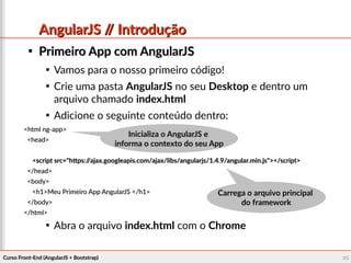 Curso Front-End (AngularJS + Bootstrap)Curso Front-End (AngularJS + Bootstrap) 2525
AngularJS // IntroduçãoAngularJS // Introdução

Primeiro App com AngularJSPrimeiro App com AngularJS

Vamos para o nosso primeiro código!

Crie uma pasta AngularJS no seu Desktop e dentro um
arquivo chamado index.html

Adicione o seguinte conteúdo dentro:
<html ng-app><html ng-app>
<head><head>
<script src="https://ajax.googleapis.com/ajax/libs/angularjs/1.4.9/angular.min.js"></script><script src="https://ajax.googleapis.com/ajax/libs/angularjs/1.4.9/angular.min.js"></script>
</head></head>
<body><body>
<h1>Meu Primeiro App AngularJS </h1><h1>Meu Primeiro App AngularJS </h1>
</body></body>
</html></html>

Abra o arquivo index.html com o Chrome
Carrega o arquivo principalCarrega o arquivo principal
do frameworkdo framework
Inicializa o AngularJS eInicializa o AngularJS e
informa o contexto do seu Appinforma o contexto do seu App
 