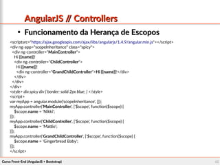 Curso Front-End (AngularJS + Bootstrap)Curso Front-End (AngularJS + Bootstrap) 4545
AngularJS // ControllersAngularJS // Controllers

Funcionamento da Herança de EscoposFuncionamento da Herança de Escopos
<scriptsrc="https://ajax.googleapis.com/ajax/libs/angularjs/1.4.9/angular.min.js"></script>
<div ng-app="scopeInheritance" class="spicy">
<div ng-controller="MainController">
Hi {{name}}!
<div ng-controller="ChildController">
Hi {{name}}!
<div ng-controller="GrandChildController">Hi {{name}}!</div>
</div>
</div>
</div>
<style> div.spicy div { border: solid 2px blue; } </style>
<script>
var myApp = angular.module('scopeInheritance', []);
myApp.controller('MainController', ['$scope', function($scope) {
$scope.name = 'Nikki';
}]);
myApp.controller('ChildController', ['$scope', function($scope) {
$scope.name = 'Mattie';
}]);
myApp.controller('GrandChildController', ['$scope', function($scope) {
$scope.name = 'Gingerbread Baby';
}]);
</script>
 