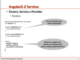 Curso Front-End (AngularJS + Bootstrap)Curso Front-End (AngularJS + Bootstrap) 5252
AngularJS // ServicesAngularJS // Services

Factory, Service e ProviderFactory, Service e Provider

Factory:
app.factory('todoListService', function() {
var todoList = [];
function addTodo(todo) {
// Sua implementação
}
function removeTodo(todo) {
// Sua implementação
}
return {
todoList: todoList,
addTodo: addTodo,
removeTodo: removeTodo
};
});
Cria as funções queCria as funções que
serão retornadasserão retornadas
Retorna o objeto queRetorna o objeto que
contém as funções paracontém as funções para
serem usadas posteriormenteserem usadas posteriormente
 
