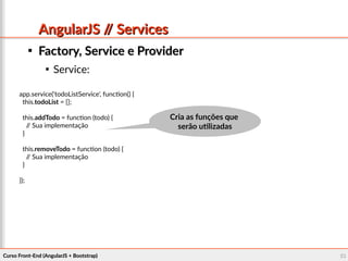 Curso Front-End (AngularJS + Bootstrap)Curso Front-End (AngularJS + Bootstrap) 5353
AngularJS // ServicesAngularJS // Services

Factory, Service e ProviderFactory, Service e Provider

Service:
app.service('todoListService', function() {
this.todoList = [];
this.addTodo = function (todo) {
// Sua implementação
}
this.removeTodo = function (todo) {
// Sua implementação
}
});
Cria as funções queCria as funções que
serão utilizadasserão utilizadas
 