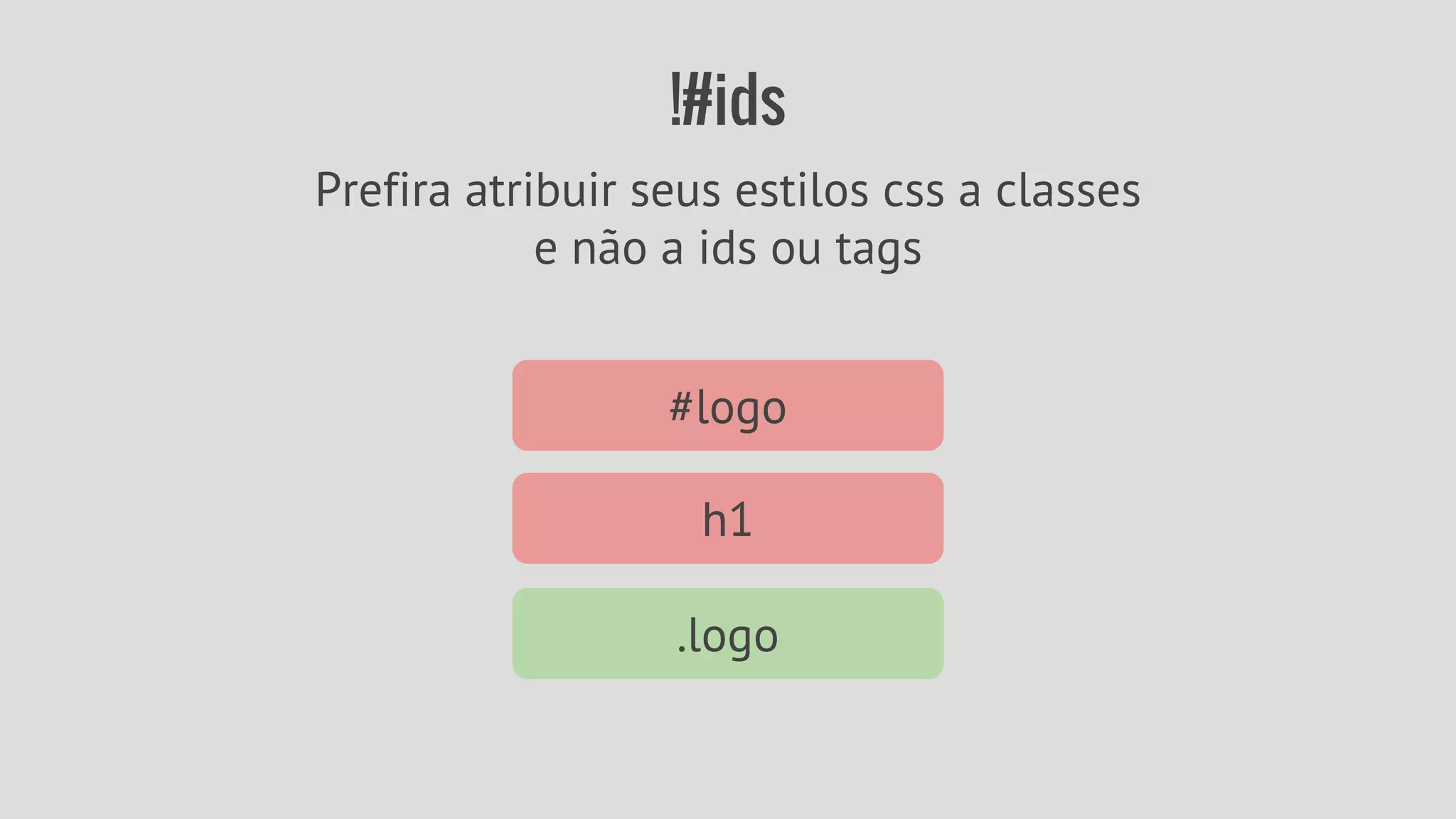 !#ids 
Prefira atribuir seus estilos css a classes 
e não a ids ou tags 
#logo 
h1 
.logo 
 