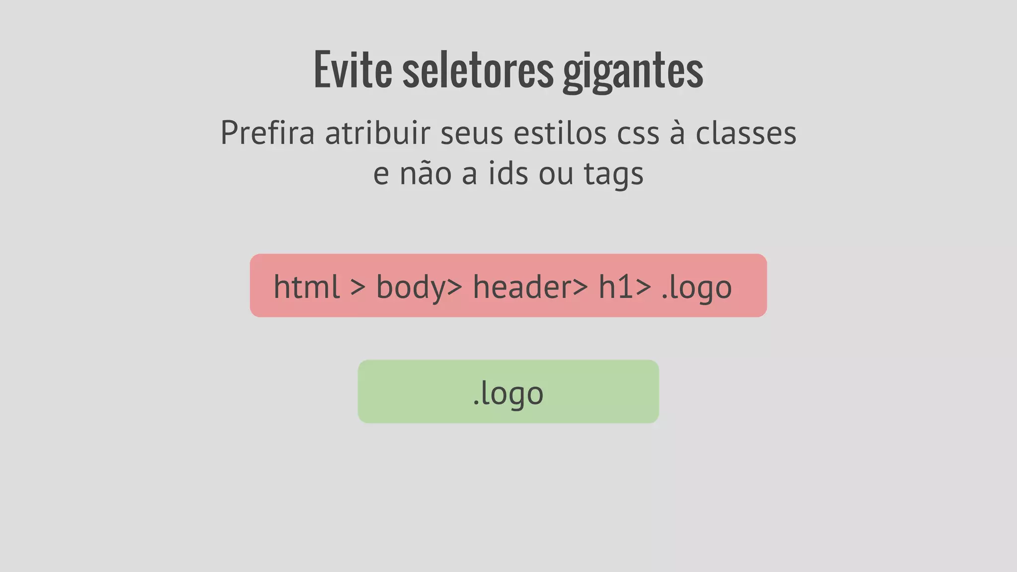 Evite seletores gigantes 
Prefira atribuir seus estilos css à classes 
e não a ids ou tags 
html > body> header> h1> .logo 
.logo 
 