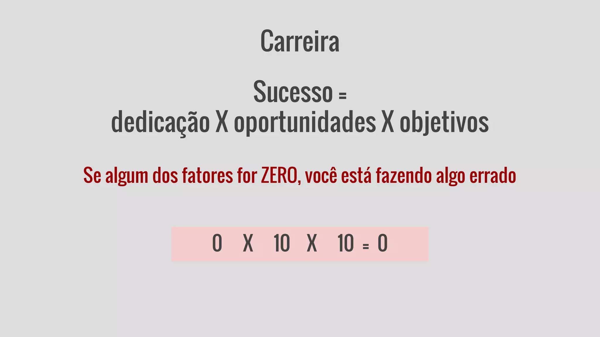 Carreira 
Sucesso = 
dedicação X oportunidades X objetivos 
Se algum dos fatores for ZERO, você está fazendo algo errado 
0 X 10 X 10 = 0 
 