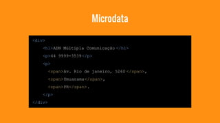 Microdata 
<div> 
<h1>ADN Múltipla Comunicação </h1> 
<p>44 9999-3539 </p> 
<p> 
<span>Av. Rio de janeiro, 5260 </span>, 
<span>Umuarama</span>, 
<span>PR</span>. 
</p> 
</div> 
 