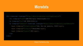Microdata 
<div itemscope itemtype="http://data-vocabulary.org/Organization"> 
<h1 itemprop="name">ADN Múltipla Comunicação</h1> 
<p itemprop="tel">44 9999-3539</p> 
<p itemprop="address" itemscope itemtype="http://data-vocabulary.org/Address"> 
<span itemprop="street-address">Av. Rio de janeiro, 5260</span>, 
<span itemprop="locality">Umuarama</span>, 
<span itemprop="region">PR</span>. 
</p> 
</div> 
https://schema.org 
 