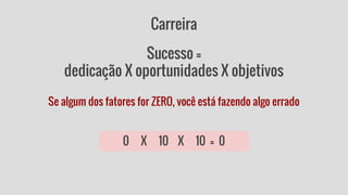 Carreira 
Sucesso = 
dedicação X oportunidades X objetivos 
Se algum dos fatores for ZERO, você está fazendo algo errado 
0 X 10 X 10 = 0 
 