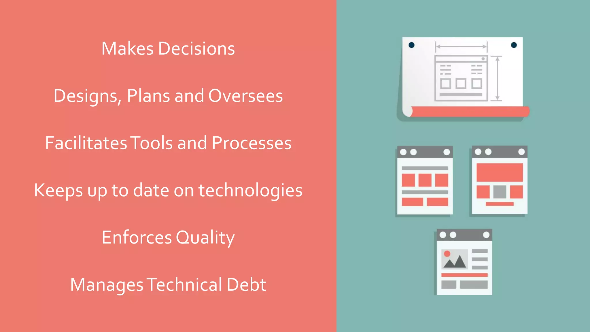 The
FRONT-END ARCHITECT
Responsibilities
Makes Decisions
Designs, Plans and Oversees
FacilitatesTools and Processes
Keeps up to date on technologies
Enforces Quality
ManagesTechnical Debt
 