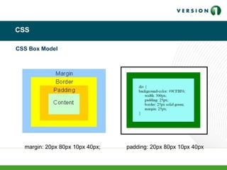 CSS
CSS Box Model
padding: 20px 80px 10px 40pxmargin: 20px 80px 10px 40px;
 